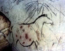 La Pileta Cave (Malaga), figure of a horse with legs unfinished and limited to the trace of the p…