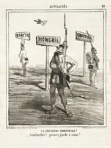 La première Hirondelle! Sentinelles! Prenez garde à vous!, 1864. Creator: Cham