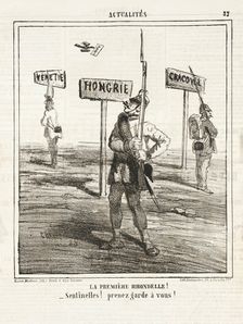 La première Hirondelle! Sentinelles! Prenez garde à vous!, 1864. Creator: Cham