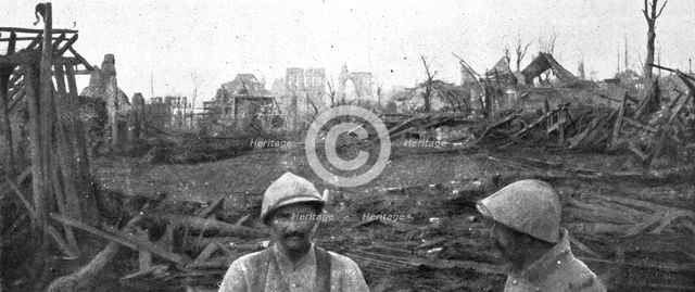 'La pris de Clery-sur-Somme (3 septembre); Clery et son eglise dans les brouillards de matin', 1916. Creator: Unknown.