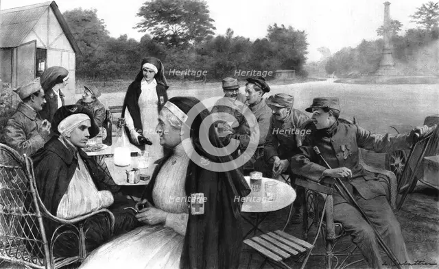 'La promenade des blesses; Un verre de biere ou de lait au carrefour de la Croix de Noailles', 1916 Creator: Unknown.