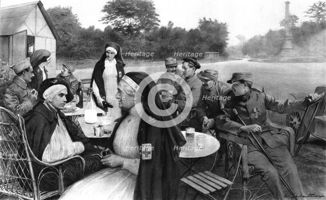 'La promenade des blesses; Un verre de biere ou de lait au carrefour de la Croix de Noailles', 1916 Creator: Unknown.