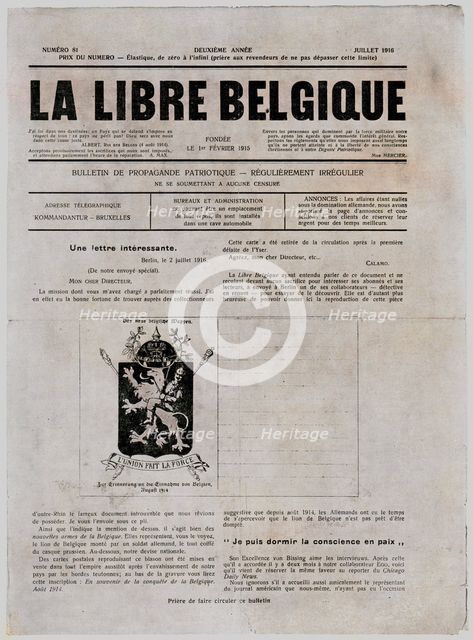 'La Propagande Patriotique en Balgique Envahie; fac-simile de la premiere page d'un numero..., 1916. Creator: Unknown.