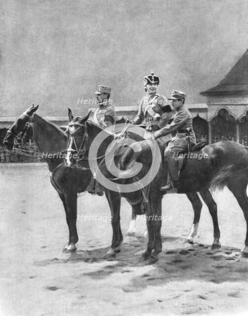 'La Roumanie dans la Guerre; Les souverains de Roumanie et leur second fils pendant une revue a Buca Creator: Unknown.