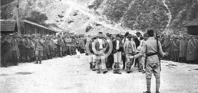'La Roumanie Envahie; Dans la vallee de l'Oltu: prisonniers autrichiens et paysans saxons de transyl Creator: Unknown.