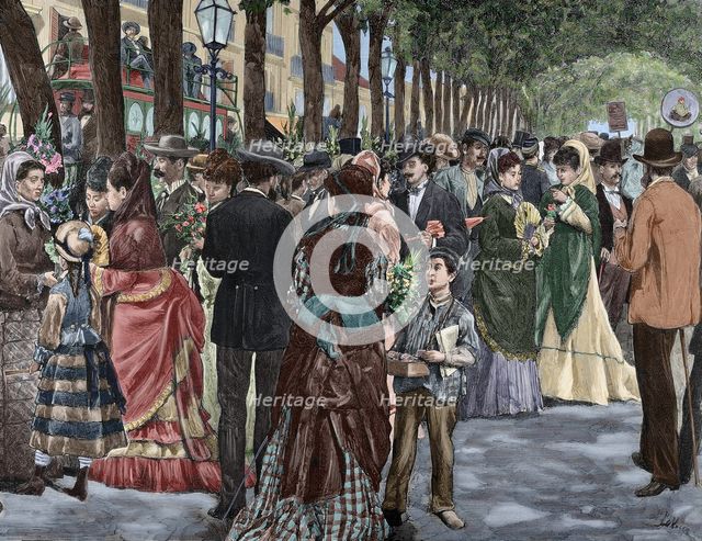La Rambla de las Flores (Rambla of the Flowers), Barcelona, Spain, late 19th century?  Creator: Josep Lluís Pellicer Feñé.