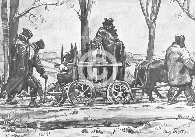 ''La Retraite Serbie; transport de blesses sur une charrette macedonienne.', 1916. Creator: Vladimir Betzitch.
