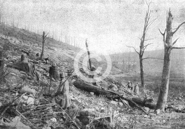 'La reprise du bois de la Caillette; Avant l'attaque du 5 avril : troupes defilees derriere..., 1916 Creator: Unknown.