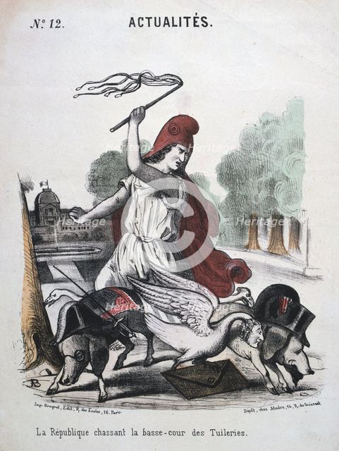 'La Republique Chassant la Basse-cour des Tuilleries', allegorical cartoon, 1870-1871. Artist: Anon