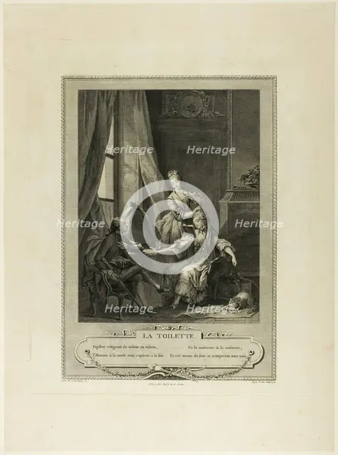 La Toilette, from Monument du Costume Physique et Moral de la fin du Dix-huitième siècle, 1774. Creator: Nicolas-Joseph Voyez.