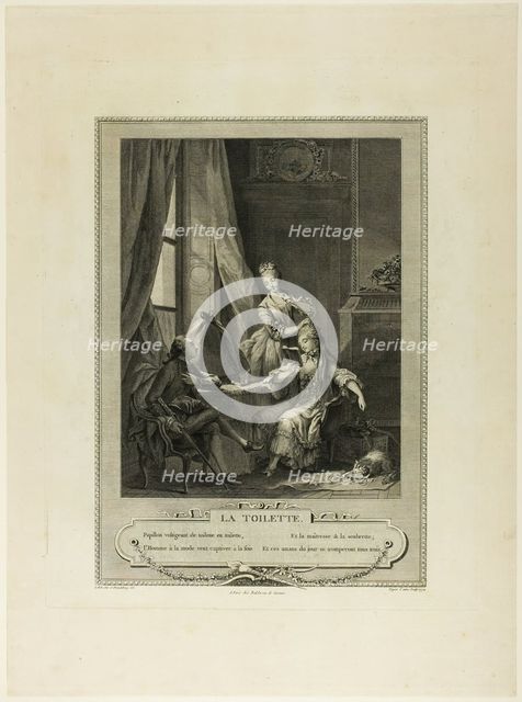 La Toilette, from Monument du Costume Physique et Moral de la fin du Dix-huitième siècle, 1774. Creator: Nicolas-Joseph Voyez.