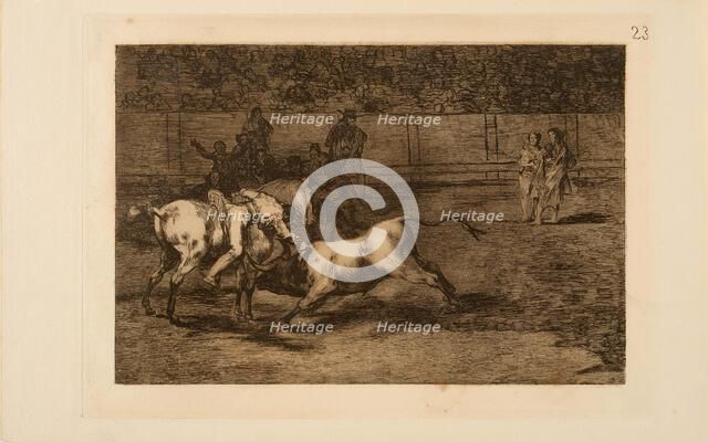 La Tauromaquia: Mariano Ceballos, alias the Indian, kills the bull from his horse, 1815-1816. Creator: Goya, Francisco, de (1746-1828).