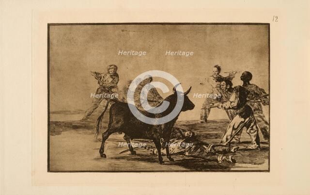 La Tauromaquia: The Rabble Hamstring the Bull with Lances, Sickles, Banderillas and..., 1815-1816. Creator: Goya, Francisco, de (1746-1828).