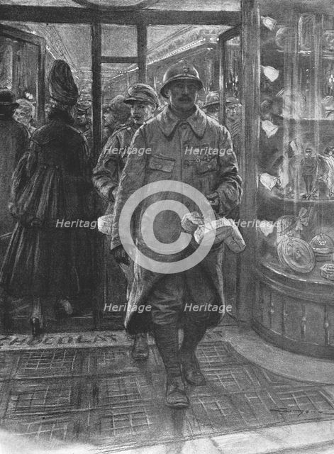 'La treve des confiseurs; L'homme des tranchees, venu a Paris en permission de..., 1916. Creator: J Simont.