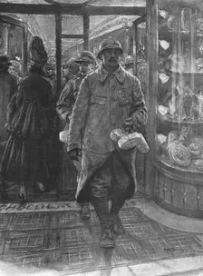 La treve des confiseurs; L'homme des tranchees, venu a Paris en permission de..., 1916. Creator: J Simont