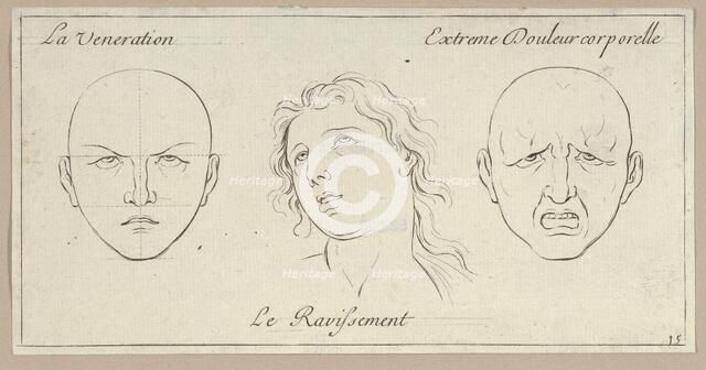 La Veneration, Le Ravissement, Extrême Douleur corporelle (from Caractères des passio..., 1695-1720. Creator: Sébastien Le Clerc the Younger.