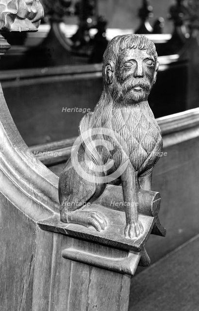 Late medieval bench end in St Mary's Church, Woolpit, Suffolk, c1965-c1969.   Artist: Laurence Goldman