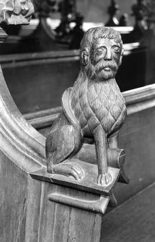 Late medieval bench end in St Mary's Church, Woolpit, Suffolk, c1965-c1969. Artist: Laurence Goldman