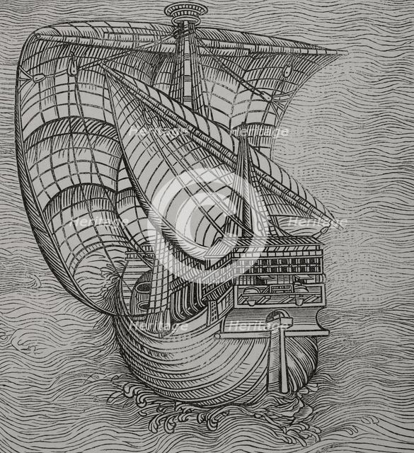 Lateen sail caravel, late 15th-century ship, 1892.  Creator: Unknown.