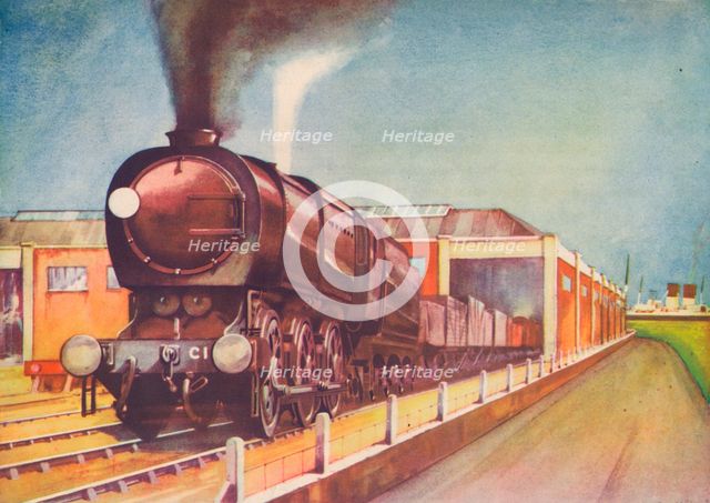 'Latest Austerity Freight Engine, S.R., at Southampton Docks', 1940. Artist: Unknown.