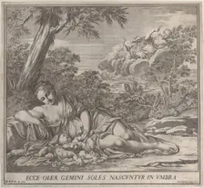 Latona and her sleeping twins, Apollo and Diana, within a landscape, 1705. Creator: Francesco Antonio Meloni