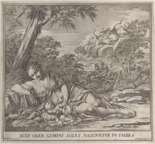 Latona and her sleeping twins, Apollo and Diana, within a landscape, 1705. Creator: Francesco Antonio Meloni