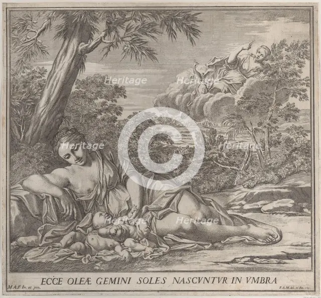 Latona and her sleeping twins, Apollo and Diana, within a landscape, 1705. Creator: Francesco Antonio Meloni.