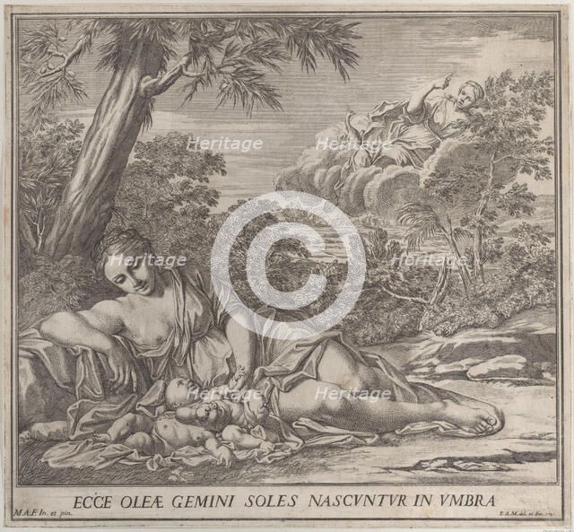 Latona and her sleeping twins, Apollo and Diana, within a landscape, 1705. Creator: Francesco Antonio Meloni.