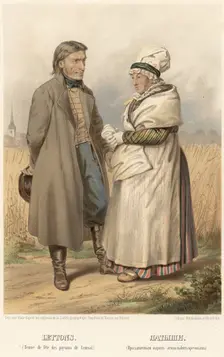 Latvians. (Festive attire of Lemzal peasants), 1862. Creator: Karl Fiale