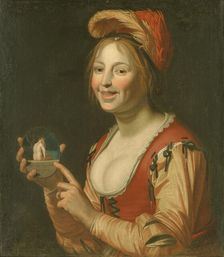 Laughing Girl Showing a Small Picture of a Nude Woman Seen from Behind, 1618-1671. Creators: Gerrit van Honthorst, Jan van Bijlert