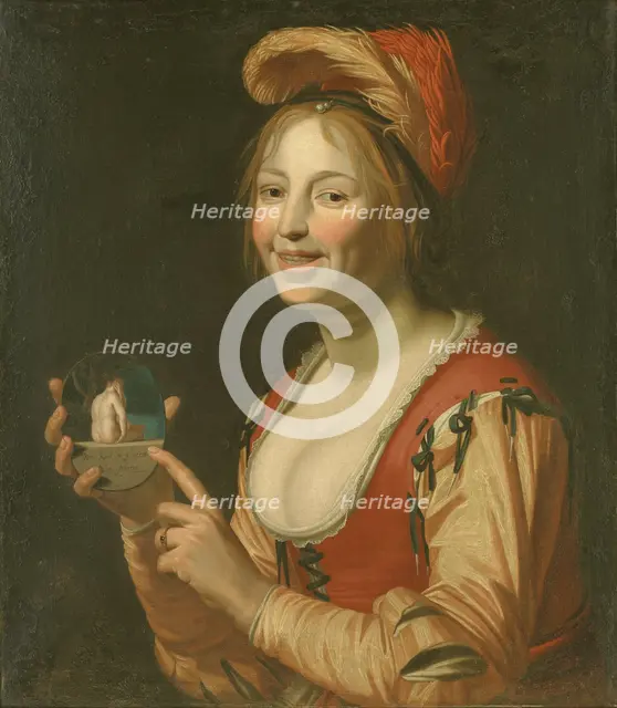 Laughing Girl Showing a Small Picture of a Nude Woman Seen from Behind, 1618-1671. Creators: Gerrit van Honthorst, Jan van Bijlert.