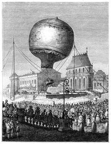 Launch of a hot air balloon, late 18th century, (1885)