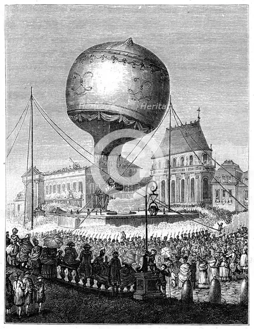 Launch of a hot air balloon, late 18th century, (1885). Artist: Unknown