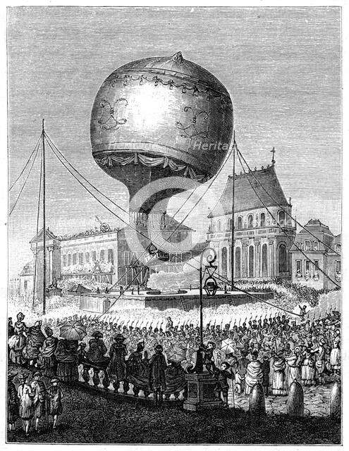 Launch of a hot air balloon, late 18th century, (1885). Artist: Unknown