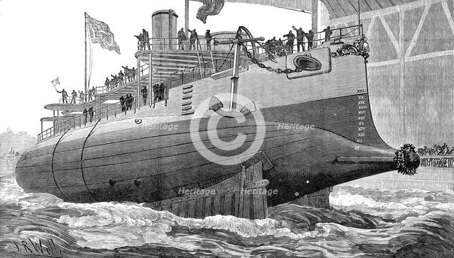 Launch of H.M.S. Polyphemus, new torpedo ram, at Chatham Dockyard, 1881. Creator: Unknown.