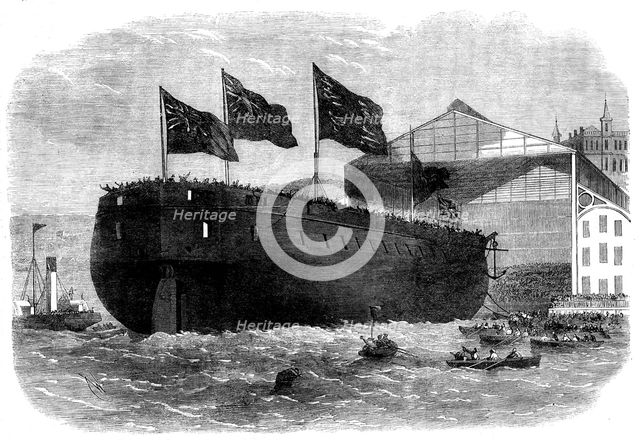 Launch of Her Majesty's armour-plated screw-frigate Caledonia, 31 guns, at Woolwich..., 1862. Creator: Unknown.