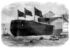 Launch of Her Majesty's armour-plated screw-frigate Caledonia, 31 guns, at Woolwich..., 1862. Creator: Unknown