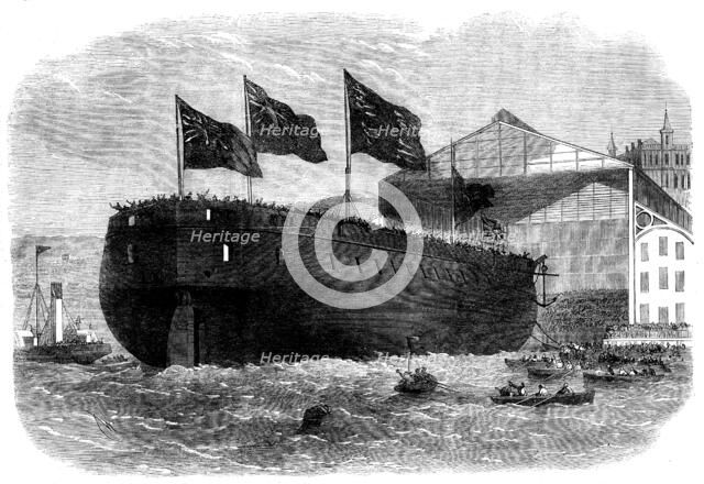 Launch of Her Majesty's armour-plated screw-frigate Caledonia, 31 guns, at Woolwich..., 1862. Creator: Unknown.