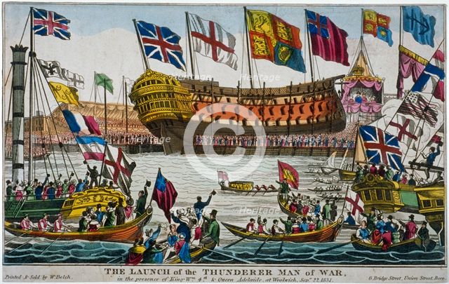 Launch of HMS 'Thunderer', Woolwich Royal Dockyard, Kent, 1831. Artist: Anon