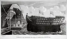 Launch of HMS Trafalgar Woolwich Royal Dockyard, Kent, 1841. Artist: John Henry Banks