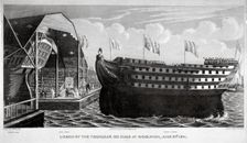 Launch of HMS Trafalgar Woolwich Royal Dockyard, Kent, 1841. Artist: John Henry Banks