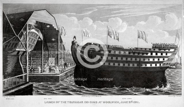 Launch of HMS 'Trafalgar', Woolwich Royal Dockyard, Kent, 1841. Artist: John Henry Banks