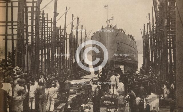 'Launch of H.M.S. Lion in August, 1910', c1910, (1935). Artist: Unknown.