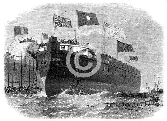 Launch of the Turkish iron-clad frigate Sultan Mahmoud, at the Thames Ironworks, Blackwall, 1864. Creator: Smyth.