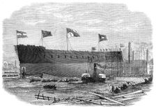 Launch of the Victoria, iron-clad frigate built for the Queen of Spain at Blackwall, 1865. Creator: Smyth