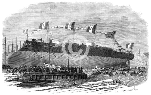 Launch of the Affondatore, iron-clad cupola frigate, built for the King of Italy at Millwall, 1865. Creator: Smyth.