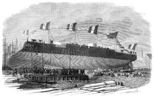 Launch of the Affondatore, iron-clad cupola frigate, built for the King of Italy at Millwall, 1865. Creator: Smyth