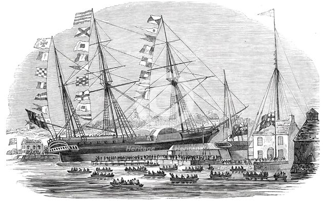 Launch of "The Braganza" steamer at Cowes, 1844. Creator: Unknown.