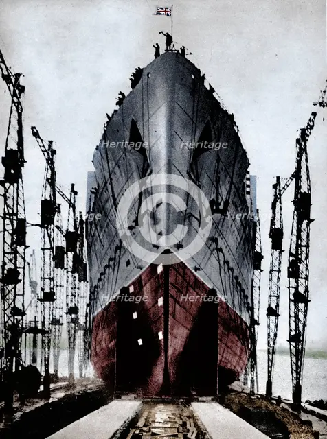 Launch of the Cunard ocean liner `Queen Mary`, 1934 (1935).  Artist: Unknown.