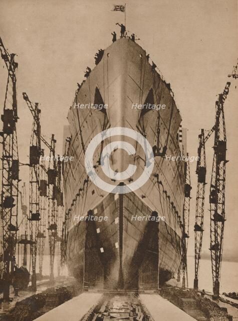 Launch of the Cunard ocean liner `Queen Mary`, 1934 (1935).  Artist: Unknown.